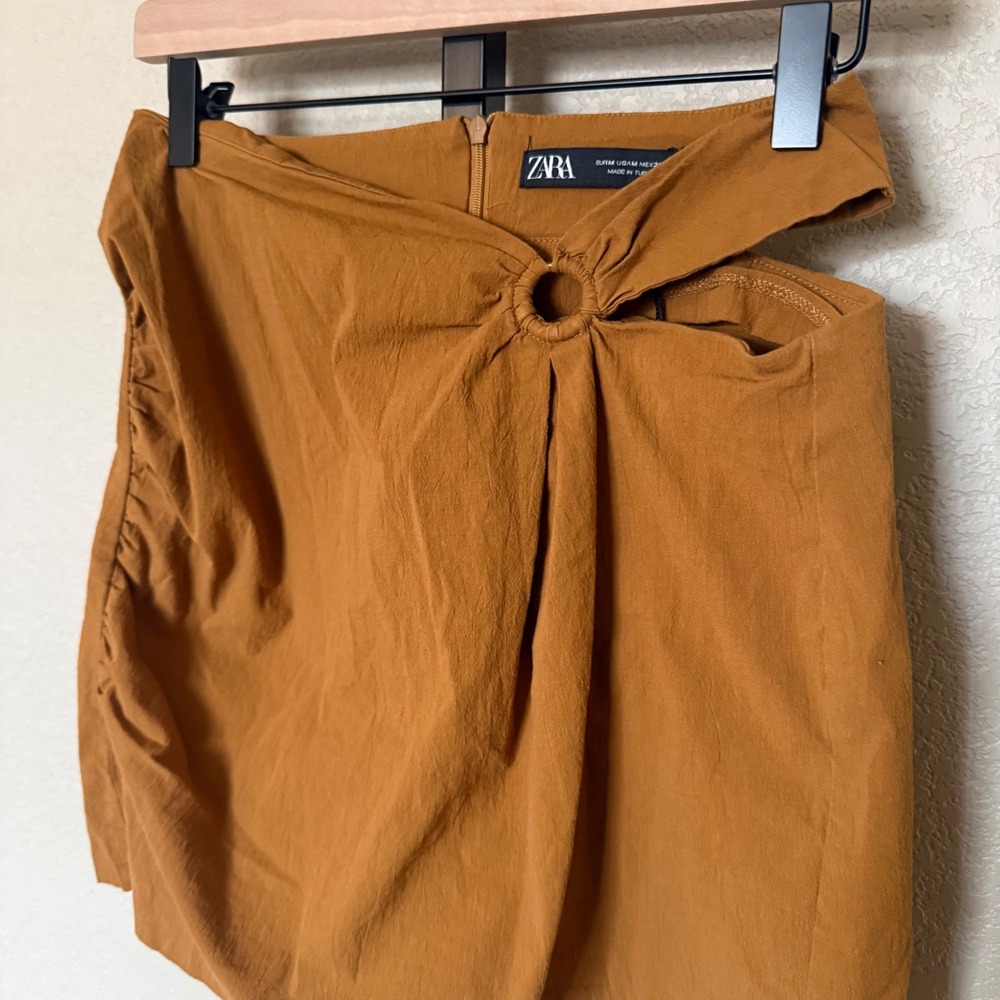 Zara Camel Side Cut Out Mini Skirt  Cotton Blend Size M Retro‎ Neutral - Picture 3 of 8